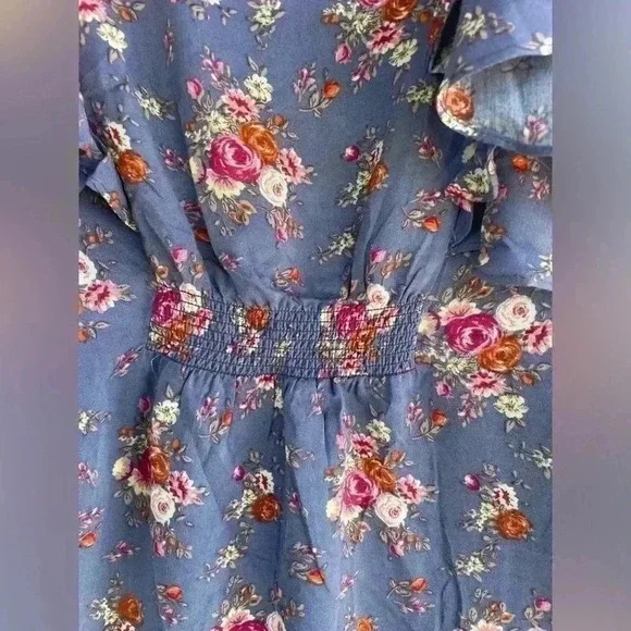 Double Zero women’s blue florar dress ruffle sleeves pearl buttons sz M pockets - Picture 7 of 9